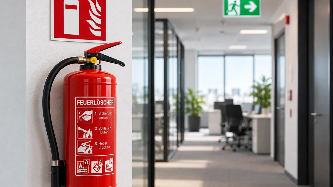 Illustrative image: a red fire extinguisher with operating instructions on a white wall, above it the fire extinguisher safety sign; behind it, out of focus, an office corridor with glass walls, workstations and a green escape route sign.