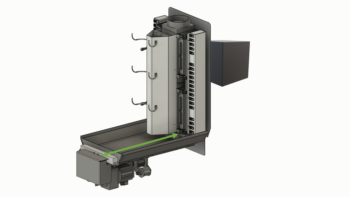CAD view of the sensor fixture: a vertical carrier with two rows of sensor positions on both sides, below it a feed with drive, a green arrow showing the travel path.