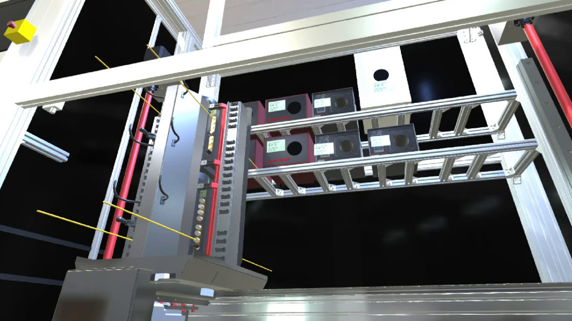 Inside view of the digital twin: in front the vertical sensor fixture with rows of sensors, yellow lines showing the sensors' line of sight; behind it radiant heaters in two rows on a frame, a red axis on the right.