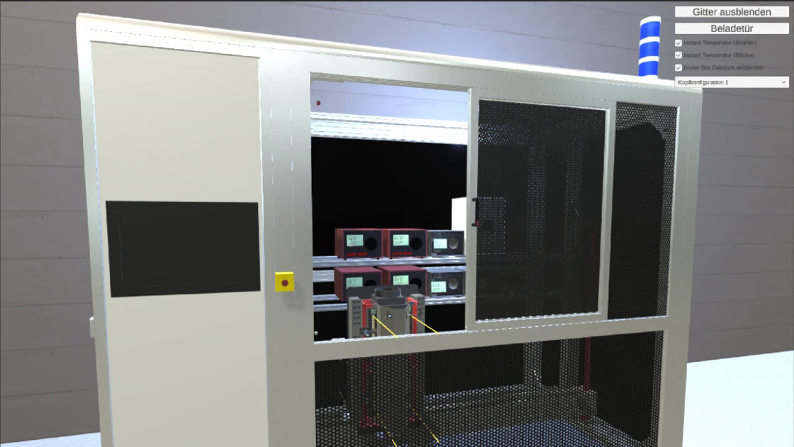 Digital twin of the calibration system in Unity: enclosure with screen, emergency stop button and signal tower, through the open door the radiant heaters in two rows and the sensor fixture with sensors; top right buttons for guard and loading door and a selection of the sensor configuration.
