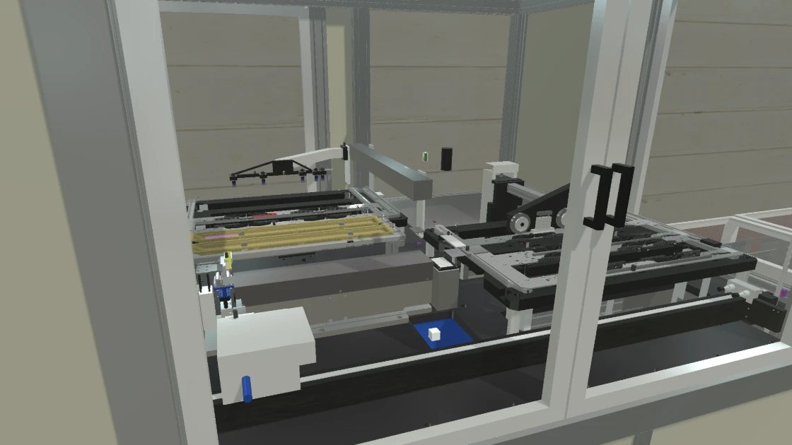 Digital twin of the machine in Unity: view through the safety glazing onto a gantry with gripper, conveyor belts, transport tables and trays with foil strips.